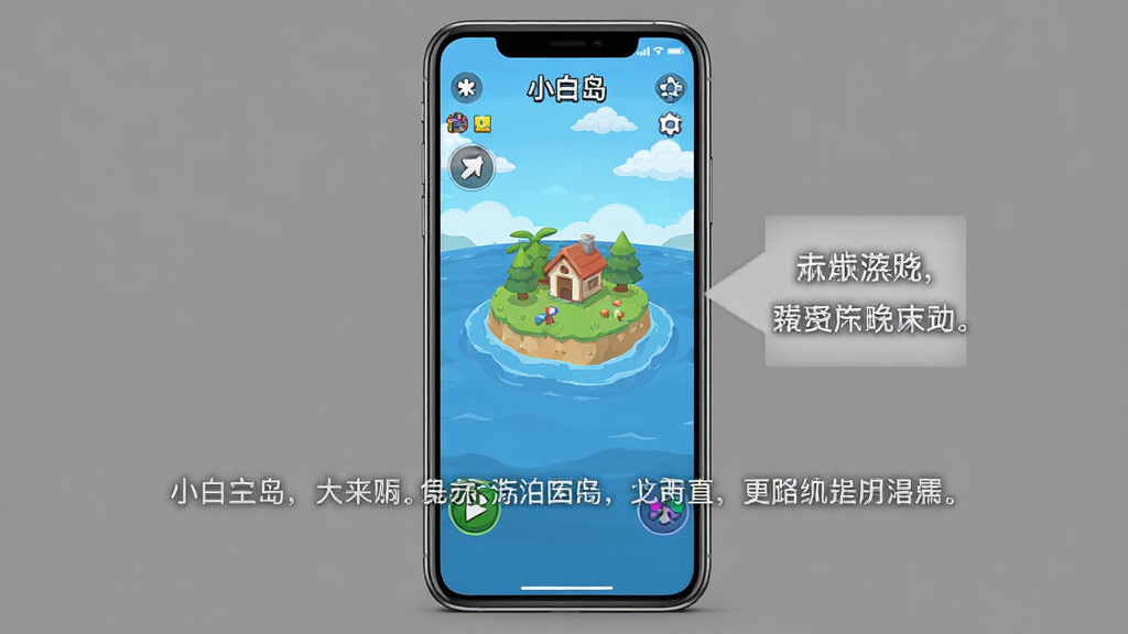 主体:“小白岛”游戏运行在手机上的截图,界面清晰,旁边有操作提示。布局:手机居中,屏幕显示游戏画面,下方有文字说明。排版:简洁明了,突出手机屏幕。风格:真实感,背景为纯色。画质:高清,干净,无多余元素。