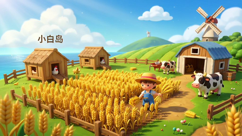 主体:“小白岛”中的农场区域,一片金黄的麦田,旁边有鸡舍和牛棚,玩家正在收割,天空中飘着白云。布局:农场占据画面主要部分,人物在田间劳作,远处有风车和山丘。排版:视野开阔,色彩丰富,有阳光照射的光影效果。风格:田园卡通,写实与可爱结合,细节丰富。画质:高清,干净,无多余元素。