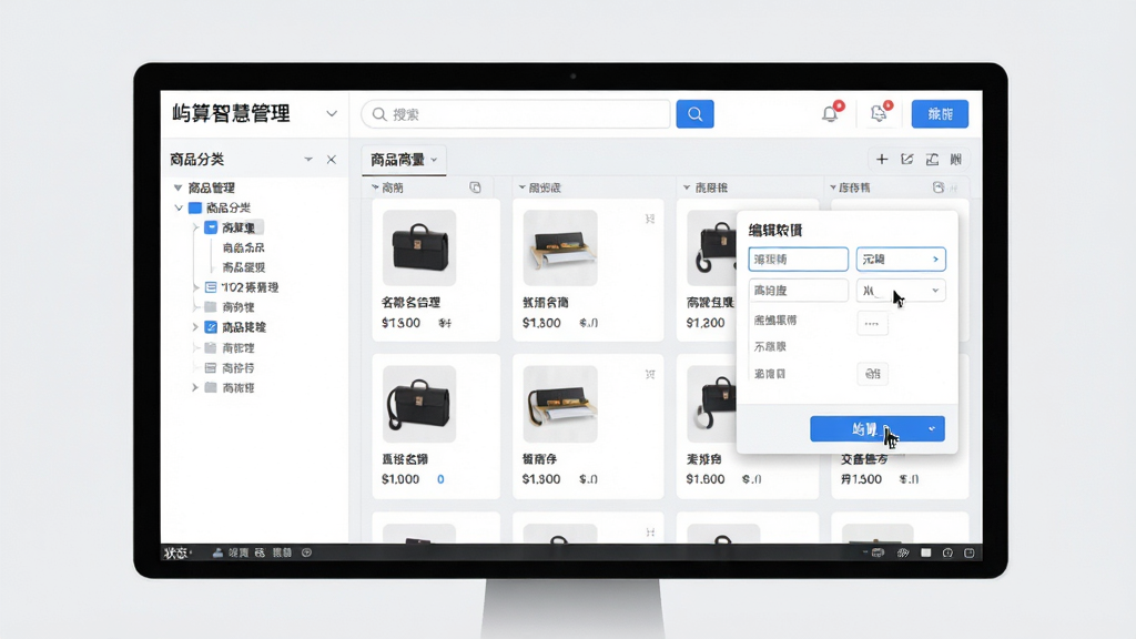 主体:电脑屏幕展示屿算店铺智慧管理软件的商品管理界面,左侧是商品分类树,右侧是商品列表与编辑弹窗。布局:界面采用三分栏结构,顶部为搜索栏和功能按钮,底部为状态栏。排版:商品卡片整齐排列,每个卡片包含图片、名称、价格和库存数量。风格:商务简约风格,背景为浅灰色,按钮为蓝色调。细节:商品图片清晰,文字可读性高,弹窗显示编辑选项,鼠标指针悬停在按钮上。画质:高分辨率,干净无多余元素。