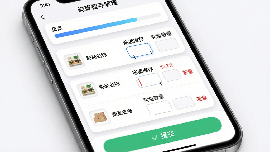主体:手机屏幕显示屿算店铺智慧管理软件的库存盘点页面,顶部为盘点进度条,中部为商品明细列表,底部为提交按钮。布局:竖屏单列布局,列表项包含商品缩略图、名称、账面库存和实盘数量输入框。排版:进度条以蓝色渐变显示,按钮为绿色,背景为白色。风格:清爽简洁的移动端UI风格,圆角卡片设计。细节:输入框有光标闪烁,盘点差异数量以红色字体标出,界面有轻微的阴影层次。画质:细腻渲染,干净无多余元素。