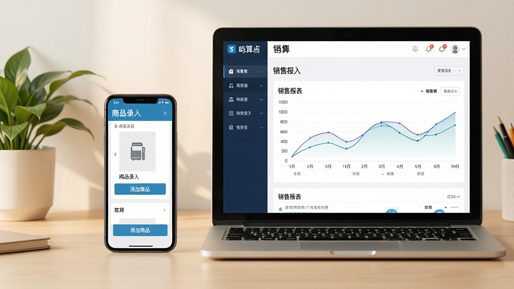 主体:一部手机和一台电脑并排放置,屏幕上都显示屿算店铺智慧管理软件的界面,手机屏幕上是商品录入页面,电脑屏幕上是销售报表。布局:手机在左,电脑在右,背景为浅色工作台,有绿植点缀。排版:画面中心对称,设备屏幕内容清晰可见。风格:实拍风格,自然光照明,色调温暖。细节:手机屏幕上有“添加商品”按钮,电脑屏幕显示折线图,桌面整洁。画质:高清晰度,干净无多余元素。