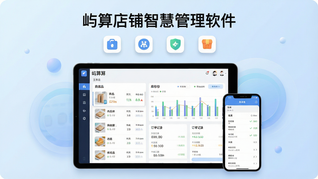 主体:屿算店铺智慧管理软件在平板和手机屏幕上显示主界面,界面包含商品列表、库存图表、订单记录等模块。布局:居中展示设备,左右两侧有半透明的圆形装饰元素,背景为淡蓝色渐变。排版:主标题“屿算店铺智慧管理软件”置于画面顶部,下方配以简洁的功能图标排列。风格:现代扁平化设计,色彩明亮清新,整体干净整洁。细节:屏幕内容清晰可辨,图标圆润,阴影柔和,突出软件的专业与易用。画质:高清渲染,干净无多余元素。