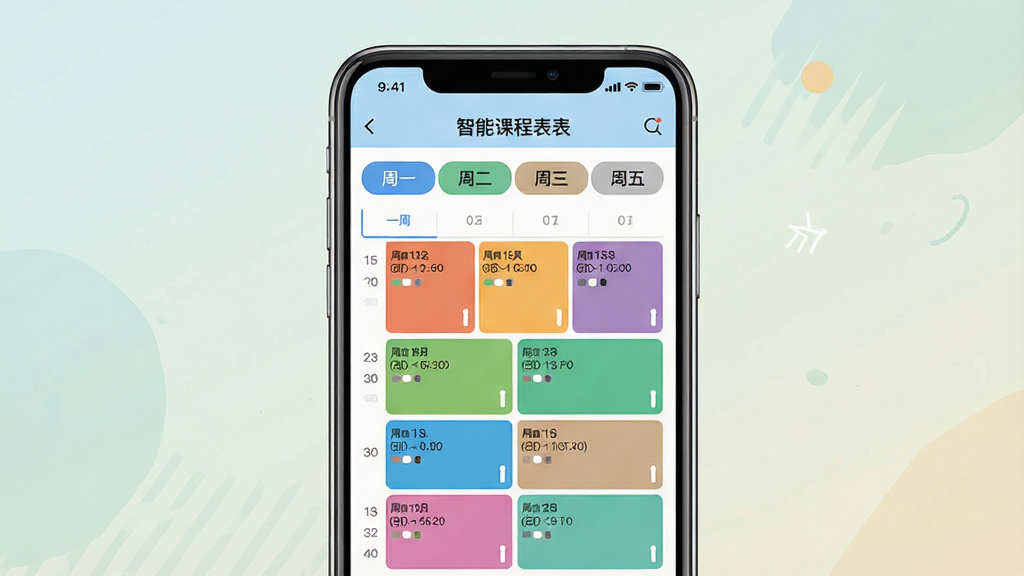 一张展示智青春App“智能课程表”功能的界面截图风格图片,画面以手机屏幕为主体,屏幕上显示一周课程安排,不同课程以不同颜色区块区分,顶部有“周一”至“周五”标签,界面清爽,信息层次分明,背景淡雅,扁平化设计,细节精致,画质高清,无多余文字