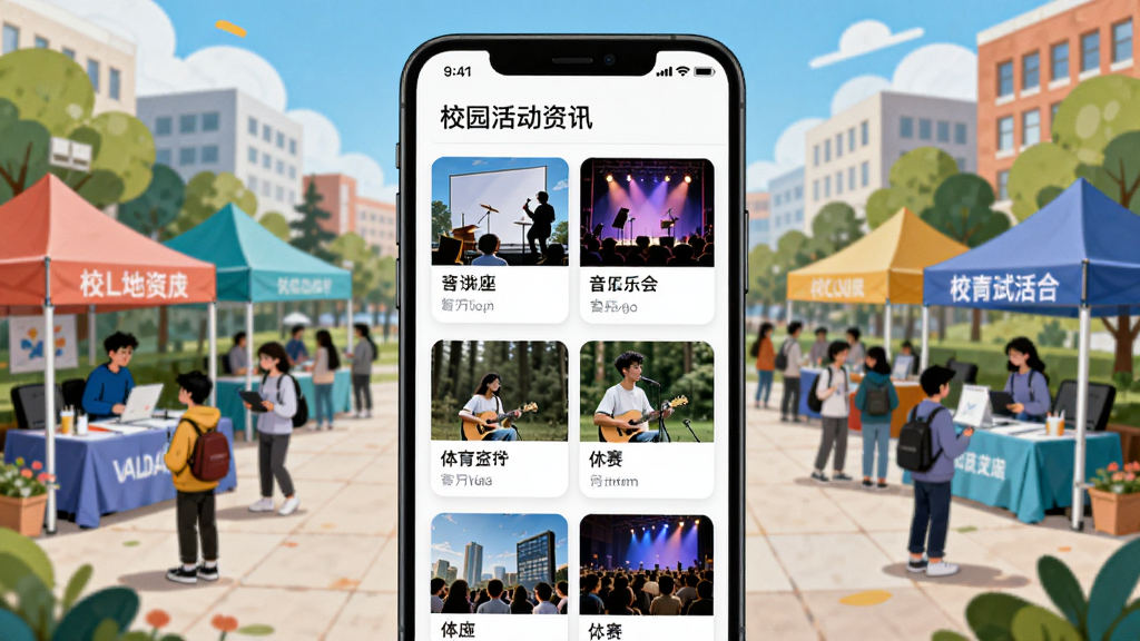 呈现智青春App“校园活动资讯”功能的插画,画面中手机屏幕上展示着活动列表,包含讲座、音乐会、体育比赛等卡片,每张卡片有缩略图和标题,背景是热闹的校园广场,有社团帐篷和人群,风格活泼,色彩丰富,现代插画风,构图均衡,细节到位,画质干净