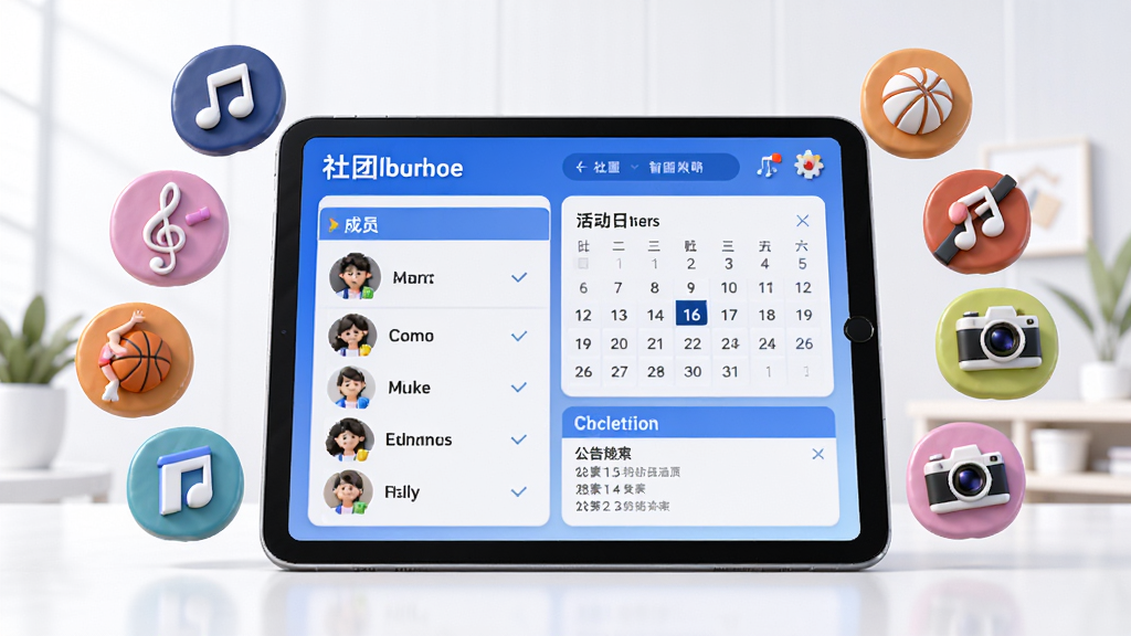 描述智青春App“社团管理”功能的场景图,画面中央是一台平板电脑,屏幕上显示社团主页,有成员列表、活动日历、公告栏等模块,周围环绕着各种社团图标,如音乐、舞蹈、篮球、摄影等,背景简洁明亮,3D渲染风格,立体感强,布局合理,细节丰富,画质超清