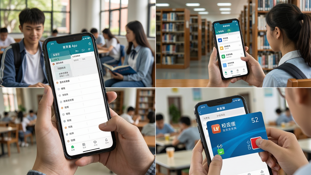 一组展示智青春App使用场景的组图,包含学生用手机查看课程表、在图书馆用App查询座位、在食堂用校园卡充值等画面,每幅小图以手机界面为主,背景为真实校园环境,摄影风格,光线自然,细节丰富,拼贴布局,画质清晰,无多余文字