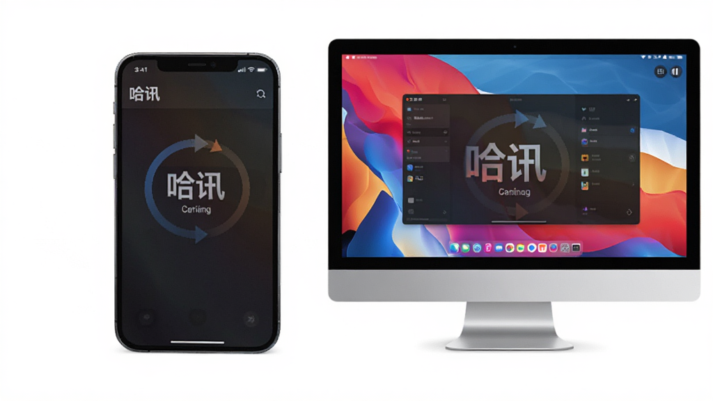 手机与电脑并排显示“哈讯”软件运行状态,主体为双设备同步画面,布局左右对称,排版整齐,风格写实,细节有同步箭头图标,画质高清,干净无多余元素