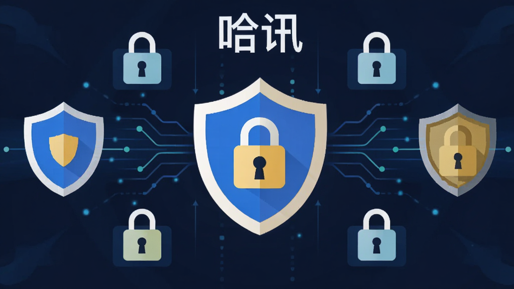 盾牌图标与加密锁元素围绕“哈讯”软件界面,主体为安全防护概念图,布局中央为盾牌,四周漂浮加密符号,排版对称,风格扁平化,细节有数据流线条,画质清晰,干净无多余元素