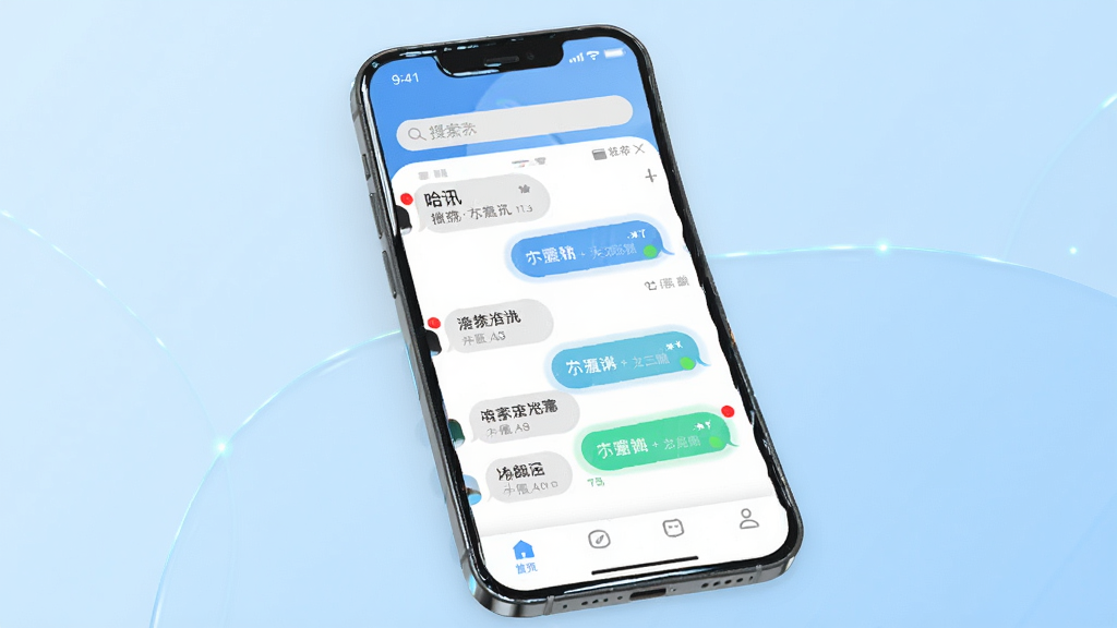 现代科技感风格的即时通讯软件主界面,主体为手机屏幕展示“哈讯”聊天列表,布局简洁,上方搜索栏,中间消息气泡,下方导航栏,排版清爽,背景浅蓝渐变,细节包括未读红点与在线状态,画质高清,干净无多余元素