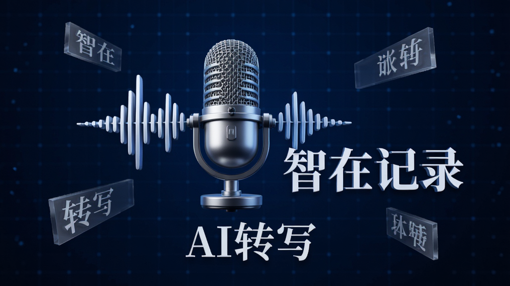 主体:麦克风与文字波形结合的3D图标,旁边有“智在记录”字样。布局:图标居中,背景为深蓝色科技感网格,周围漂浮着半透明文字碎片。排版:图标下方有“AI转写”字样。风格:科技感立体风格,光影效果突出。细节:麦克风表面有金属质感,文字碎片为白色宋体。画质:高清,干净,无多余元素。
