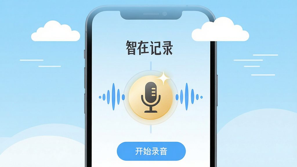 主体:一部智能手机屏幕显示智在记录APP主界面,界面中央有一个明显的麦克风图标,周围有波形动画。布局:手机位于画面中央偏下,背景为浅蓝色渐变,上方有白色云朵和简约线条。排版:手机屏幕内显示“智在记录”字样,下方有“开始录音”按钮。风格:扁平化现代风格,色彩清新明亮。细节:麦克风图标带有金色高光,波形动画为蓝色。画质:高清,干净,无多余元素。