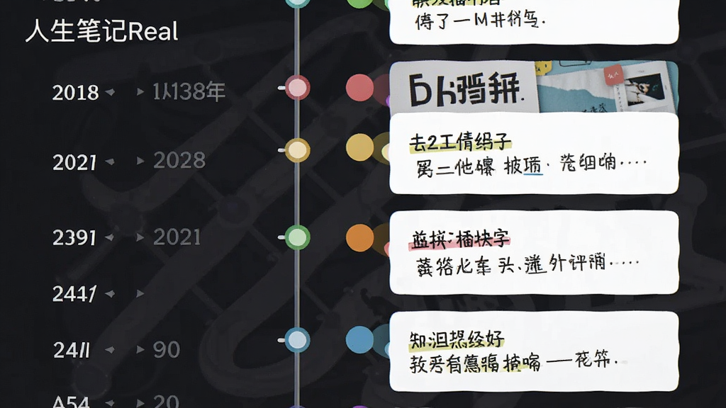 一张展示“人生笔记Real”应用内时间线功能的截图,主体是竖向滚动的时间轴,左侧有年份和月份标记,右侧是不同颜色的笔记圆点与卡片摘要,布局错落有致,风格简洁现代,细节突出时间节点的视觉引导,画质锐利干净,无多余元素。