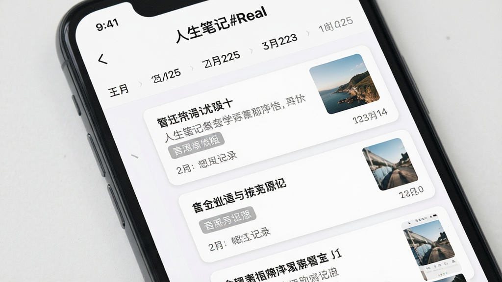 一张展示手机屏幕界面的图片,主体是“人生笔记Real”应用的首页时间线视图,布局清晰,上方有日期导航,下方是排列整齐的笔记卡片,卡片上显示文字摘要与缩略图,排版简洁,风格为扁平化设计,细节展示笔记标题、标签和记录时间,画质高清干净,无多余元素。