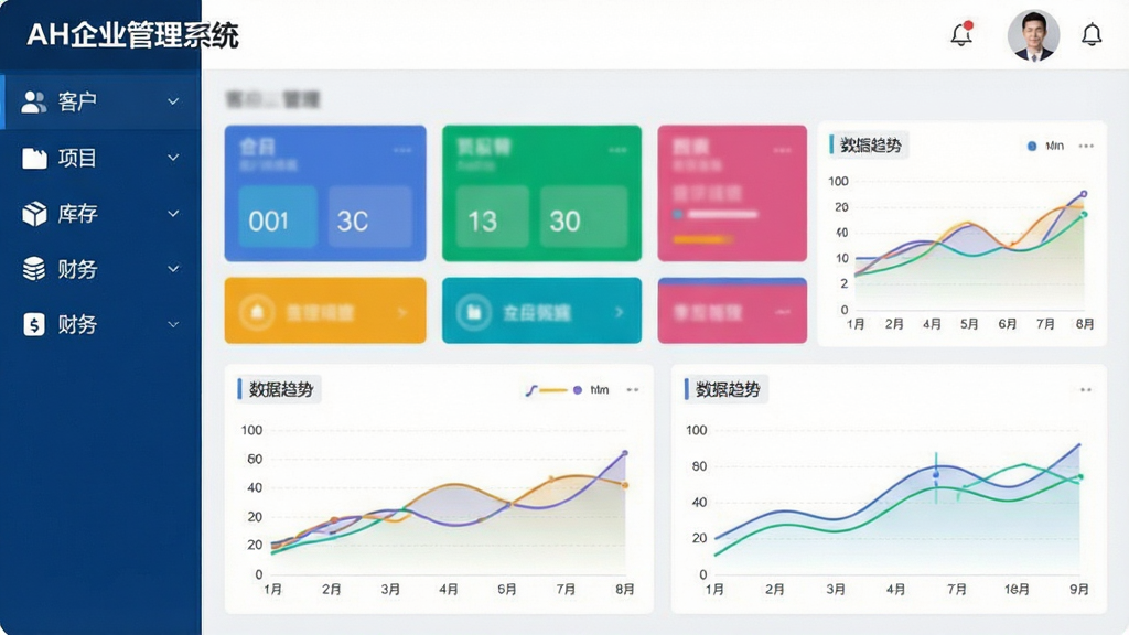一张展示AH企业管理系统主界面的宽幅截图,画面左侧为深蓝色侧边栏,包含客户、项目、库存、财务等图标,中央区域显示彩色数据看板与折线趋势图,右上角为管理员头像与通知铃铛,整体风格商务简约,界面干净无多余元素,画质高清,文字标注“AH企业管理系统”