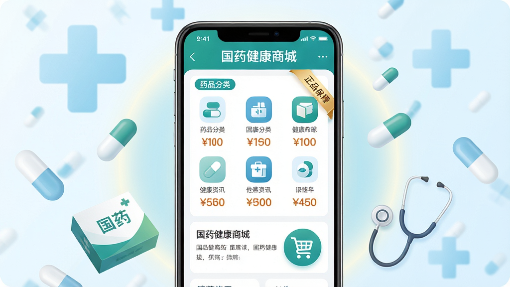 主体:智能手机屏幕展示国药健康商城APP界面,界面显示药品分类、健康资讯和购物车图标,背景是淡蓝色的医疗十字标志和药丸元素。布局:手机居中,屏幕内容清晰可见,周围有柔和的光晕和漂浮的药品、胶囊、听诊器等健康元素。排版:手机屏幕内有“国药健康商城”字样,界面排列整齐,图标圆润。风格:扁平化设计,清新医疗风格,色彩以白色、蓝色和绿色为主。细节:药盒上有“国药”字样,界面有价格标签和“正品保障”徽章。画质:高清渲染,光线柔和,干净无多余元素。