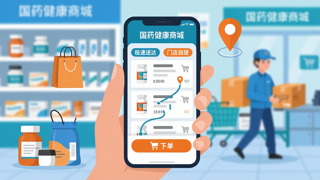 主体:一只手拿着手机,屏幕上显示国药健康商城的药品列表和下单按钮,背景是模糊的药店货架和快递员送货的画面。布局:手机居中,周围有药品、购物袋、定位图标等元素。排版:屏幕上有“极速送达”和“门店自提”标签,按钮为橙色。风格:现代扁平插画风格,色彩明亮,以蓝色和橙色为主。细节:有地图导航线条和时间提示。画质:高清,画面活泼,干净无多余元素。