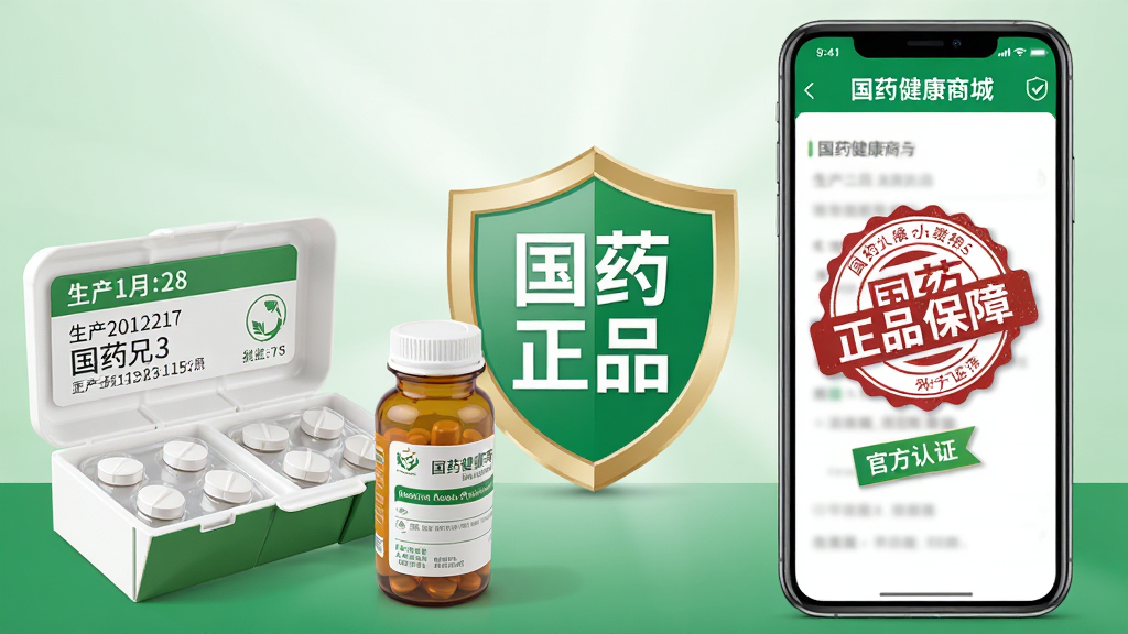 主体:一个打开的药盒和一瓶药,旁边放着国药健康商城的手机界面,屏幕上显示“正品保障”印章图标。布局:商品和手机左右排列,中间有盾牌形状的认证标志,背景为浅绿色渐变。排版:盾牌中央有“国药正品”字样,药盒上印有生产日期和批号。风格:写实与平面结合,突出信任感,色调以绿色和白色为主。细节:药片颗粒清晰,手机屏幕有“官方认证”标签。画质:高清细腻,光影自然,干净无多余元素。
