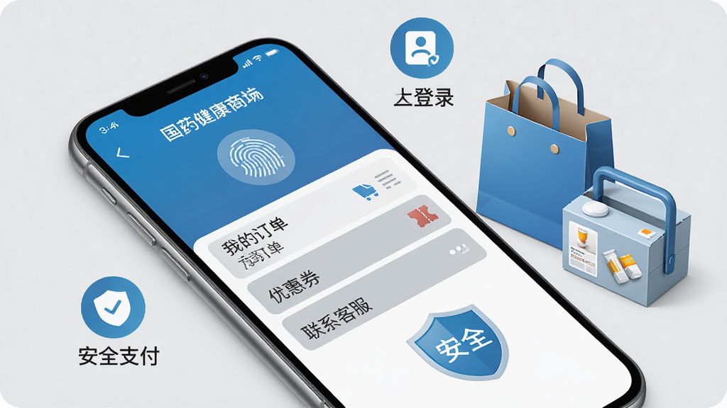 主体:一部手机展示国药健康商城的个人中心页面,旁边有购物袋和药箱,背景为浅灰色。布局:手机倾斜放置,周围有“注册”、“登录”、“安全支付”等图标。排版:屏幕上有“我的订单”、“优惠券”、“联系客服”等菜单。风格:简洁商务风,以蓝色和灰色为主。细节:有指纹解锁图标和“安全”盾牌。画质:高清渲染,干净无多余元素。