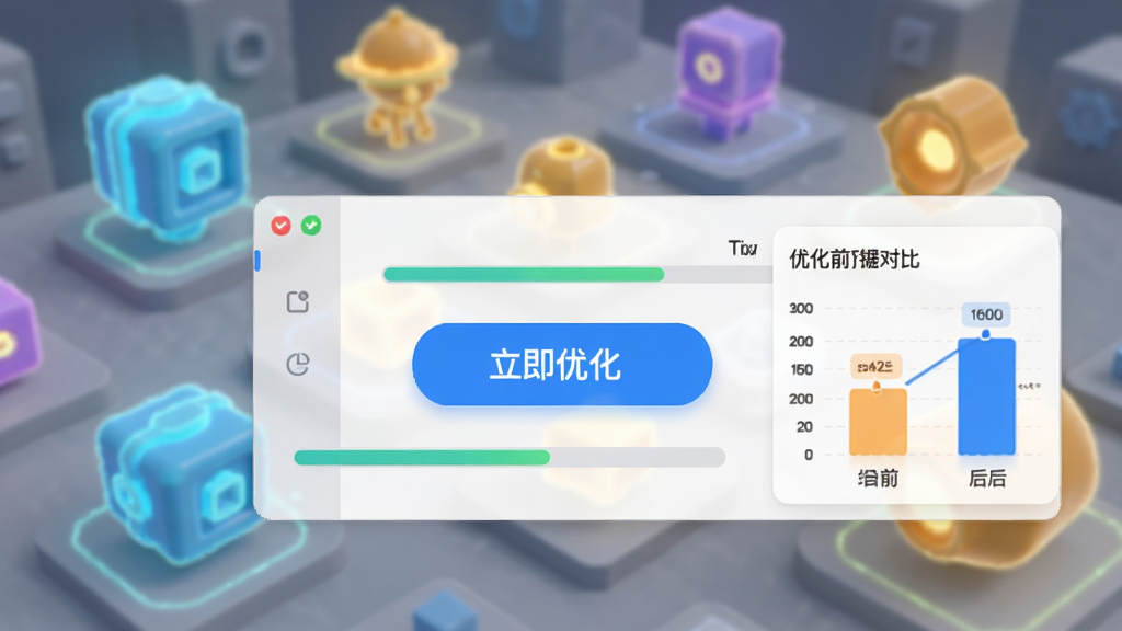 展示白金手册的一键优化功能界面,界面上有一个明显的“立即优化”按钮,按钮周围有进度条和优化前后的数据对比图表,背景是模糊的3D场景,场景中散布着一些高亮显示的模型,风格简洁,色彩明快,画质清晰,干净无多余元素
