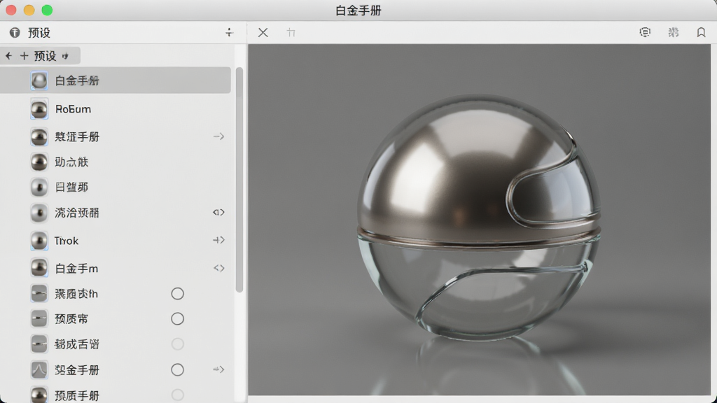 展示白金手册的灯光与材质预设库界面,界面左侧为预设列表,右侧为预览窗口,预览窗口中展示一个带有金属质感和玻璃质感的球体,灯光效果柔和,背景为纯灰色,界面风格简洁,色彩搭配和谐,细节丰富,画质高清,干净无多余元素