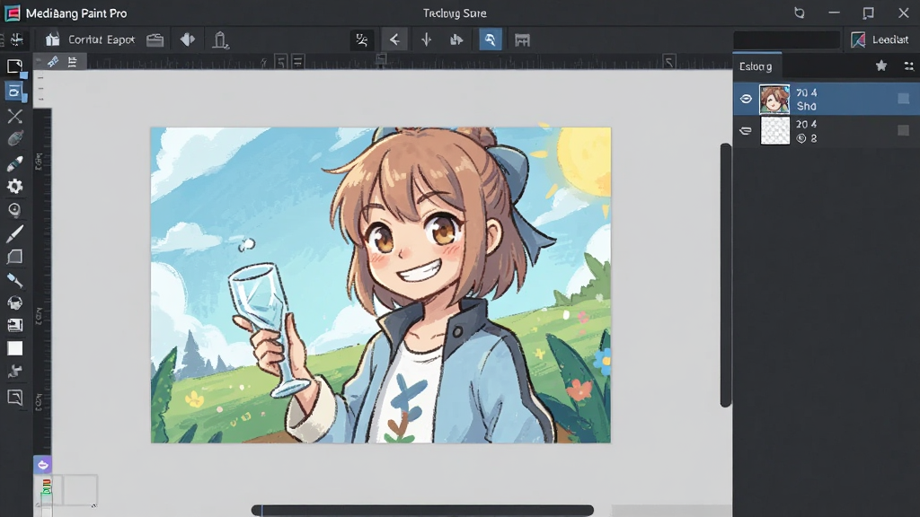 MediBang Paint Pro 软件主界面展示,左侧工具栏,右侧图层面板,中间画布上有一幅半成品彩色插画,整体界面简洁明亮,扁平化设计风格,高清细节,干净无多余元素