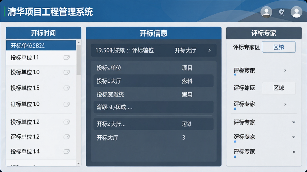 主体:清华项目工程管理系统的招投标管理界面,显示开标大厅。布局:中央为开标信息,左侧为投标单位列表,右侧为评标专家区域。排版:信息对称,重点突出。风格:商务感,蓝灰配色。细节:界面文字“清华项目工程管理系统”,开标时间、投标单位名称清晰可见。画质:高清,干净,无多余元素。
