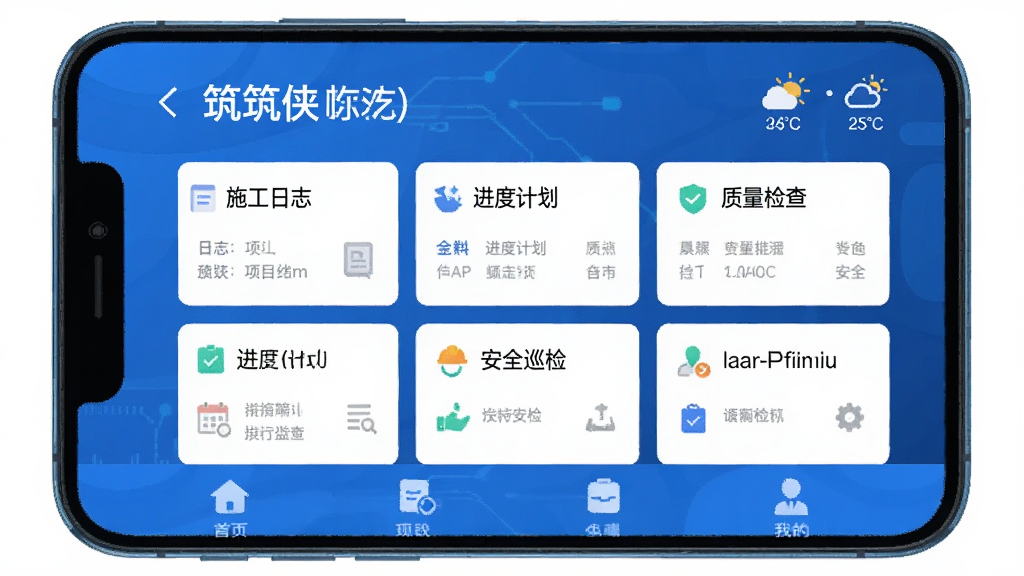 图片展示筑筑侠手机应用主界面,界面采用蓝色科技感设计,顶部显示项目名称和天气信息,中部用卡片形式清晰罗列“施工日志”、“进度计划”、“质量检查”、“安全巡检”等核心功能模块,底部为导航栏,整体布局简洁明快,扁平化风格,高清画质,干净无多余元素
