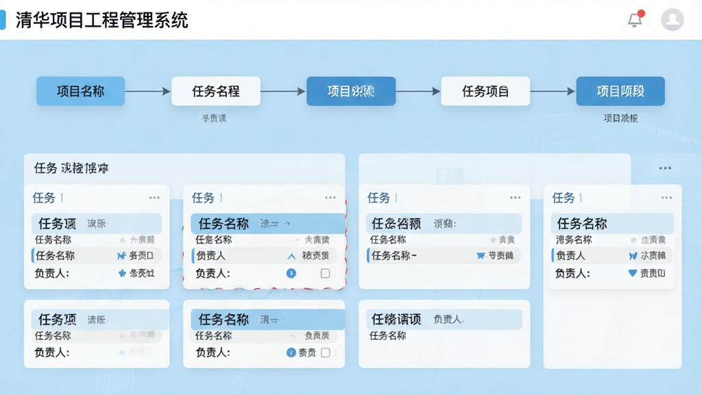 主体:清华项目工程管理系统的流程管理界面,显示项目阶段看板。布局:顶部为流程节点,下方为任务卡片。排版:流程清晰,卡片式布局。风格:扁平化设计,浅蓝色背景。细节:界面文字“清华项目工程管理系统”,卡片包含任务名称和负责人。画质:高清,干净,无多余元素。