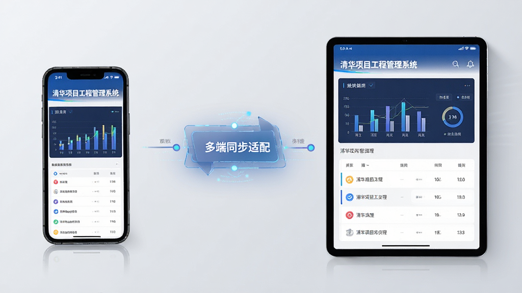 主体:手机和平板展示清华项目工程管理系统的移动端界面。布局:左侧手机,右侧平板,中间为数据同步示意。排版:对比展示,突出多端适配。风格:科技感,浅灰背景。细节:屏幕显示“清华项目工程管理系统”字样,有图表和列表。画质:高清,干净,无多余元素。