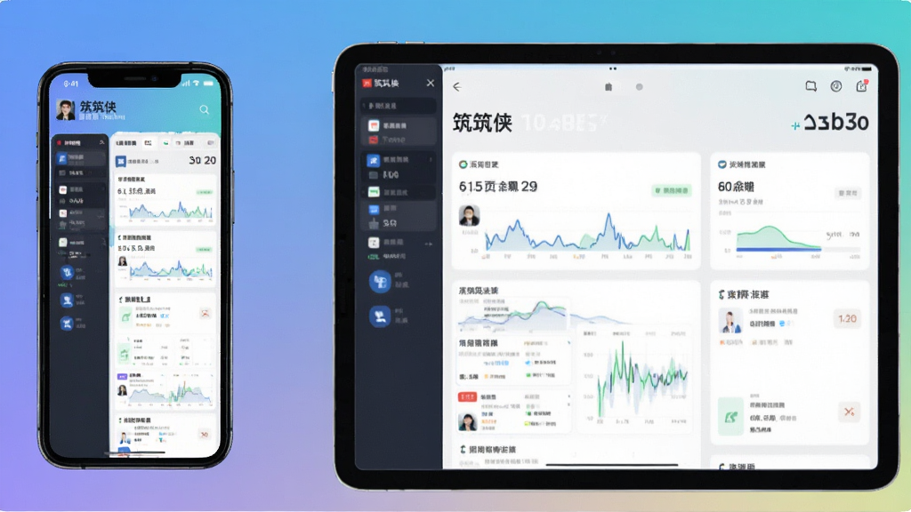 展示筑筑侠在手机和平板不同设备上运行的对比图,左边是手机界面,右边是平板界面,两者显示同样的项目管理数据看板,背景为渐变色,风格现代,画质高清,干净无多余元素