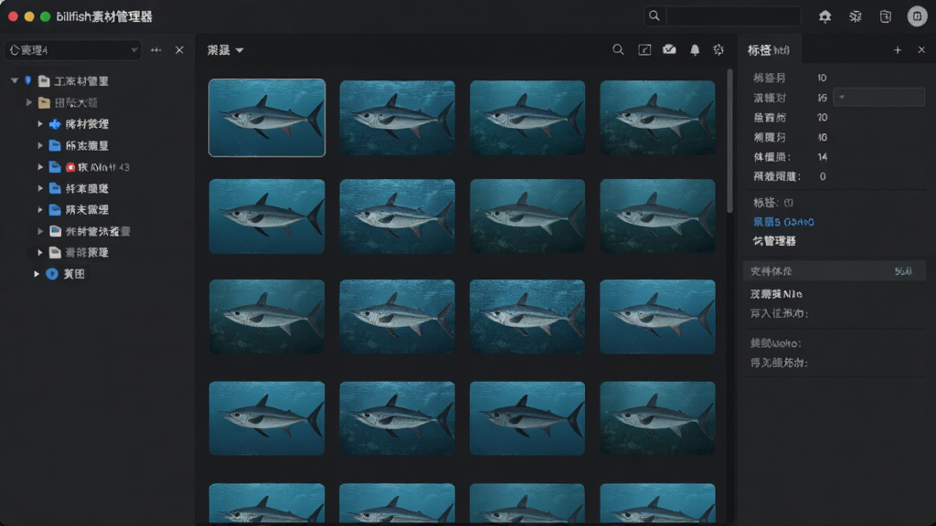 Billfish素材管理器主界面,展示左侧分类树、中间素材网格缩略图、右侧标签与详细信息面板,整体布局简洁清晰,采用深色主题,现代扁平化设计风格,界面元素排列有序,画质干净,无多余元素。