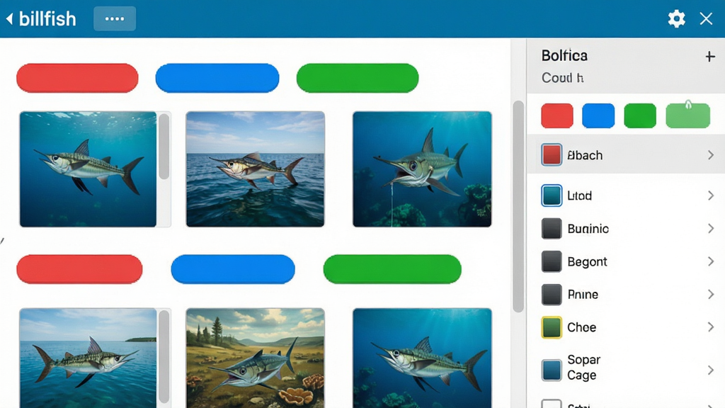 Billfish软件中标签管理界面特写,展示多个彩色标签(红、蓝、绿)应用于图片素材,右侧筛选面板有颜色选项,界面清晰,高饱和度色彩,扁平化UI风格,细节丰富,画质干净。