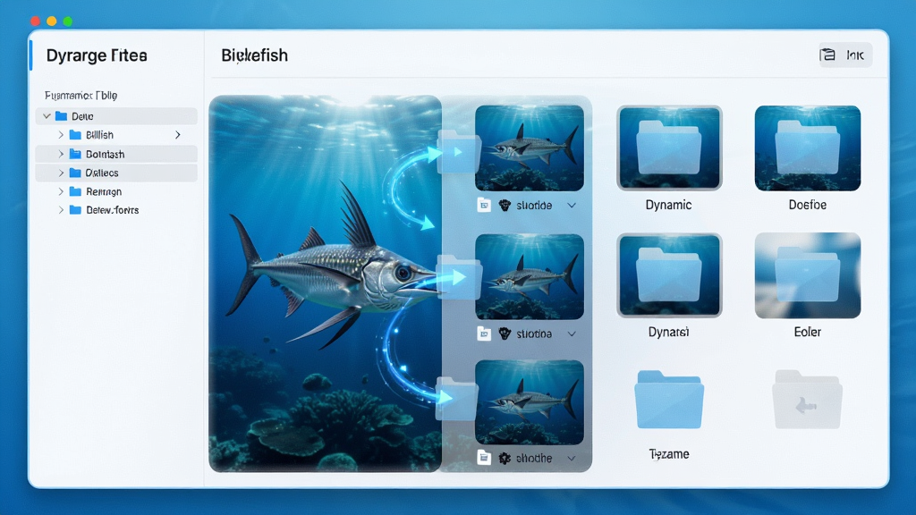 Billfish自动整理素材的界面,左侧文件夹监控设置,右侧素材自动归类到不同文件夹,动态效果展示文件移动,界面简洁明亮,现代感强,画质高,无多余元素。