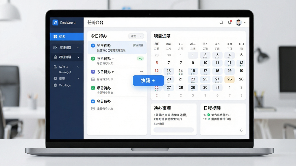 主体:个人日常办公管理软件主界面展示,一台现代笔记本电脑屏幕显示软件工作台,画面中有任务列表、日历网格、待办事项卡片。布局:左侧为功能导航栏,右侧为内容展示区,中间悬浮快捷添加按钮。排版:扁平化设计,卡片式布局,信息层级分明。风格:商务科技感,蓝色主色调搭配白色背景,简洁明亮。细节:屏幕中显示“今日待办”“项目进度”“日程提醒”等中文标签,界面无杂乱元素。画质:4K高清,渲染细腻,干净无多余元素。