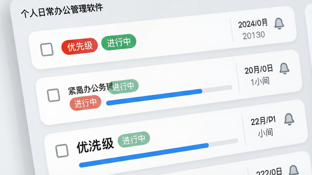 主体:个人日常办公管理软件的任务管理界面局部特写,显示彩色优先级标签和进度条。布局:任务卡片纵向排列,右侧有日期标记与提醒图标。排版:列表式布局,每行任务包含复选框、标题、标签、时间。风格:清新商务风,浅灰背景,卡片圆角,蓝色进度条。细节:标签颜色区分紧急程度,画面中有“高优先级”“进行中”字样。画质:高分辨率,界面干净,无多余元素。