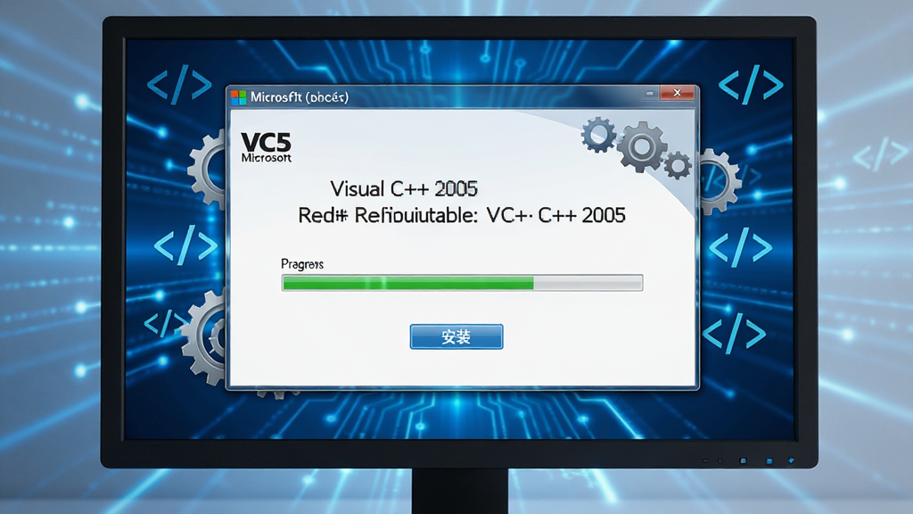 主体:一台现代电脑屏幕前,显示“VC++ 2005可再发行组件包”安装界面,背景为蓝色科技感光效;布局:居中构图,安装进度条清晰可见;排版:简洁大方,突出软件名称与“安装”按钮;风格:微软官方风格,商务科技感;细节:屏幕中显示“Visual C++ 2005 Redistributable”字样,周围有齿轮、代码符号点缀;画质:高清渲染,干净无多余元素