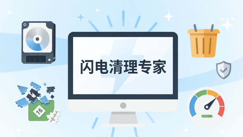 主视觉展示闪电清理专家的核心功能,画面中央是简约的电脑屏幕图标,屏幕内显示“闪电清理专家”字样,周围环绕着磁盘、缓存碎片、速度仪表盘等元素,背景采用明亮干净的蓝白渐变,扁平化设计风格,突出快速、专业、安全的品牌形象,画质高清,整体干净无多余元素