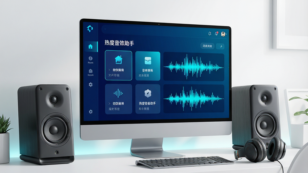 主体:电脑屏幕前摆放着现代风格的音箱和耳机,屏幕上显示“热度音效助手”主界面,界面包含多个音效预设卡片和波形图。布局:居中构图,主视觉聚焦在软件界面,周围环境简洁明亮。排版:软件界面清晰展示“热度音效助手”字样,功能图标排列整齐。风格:科技感、现代、干净。细节:界面色彩以深蓝和亮青为主,波形图有动态效果。画质:高分辨率,清晰,无多余元素。