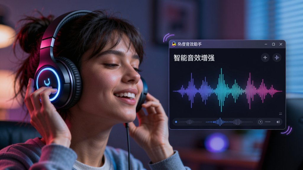主体:一个人佩戴耳机,沉浸在音乐中,旁边是“热度音效助手”的浮动窗口,显示音效增强的波形图。布局:人物位于左侧,软件界面悬浮于右侧。排版:软件窗口上写着“智能音效增强”,波形图动态展示。风格:动感、活力。细节:耳机有发光效果,背景虚化。画质:高质量,清晰,无多余元素。