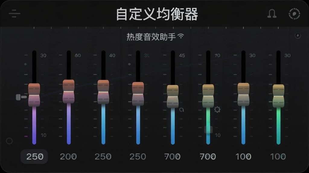 主体:特写“热度音效助手”均衡器界面,十个滑块分布在频率轴上。布局:界面居中,滑块下方有频率数值。排版:界面顶部写着“自定义均衡器”。风格:专业、简洁。细节:滑块带有颜色渐变,背景为暗色。画质:高清晰度,无多余元素。
