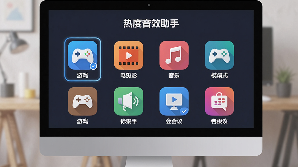 主体:电脑屏幕展示“热度音效助手”预设场景选择界面,图标排列有游戏、电影、音乐、会议等。布局:界面居中,图标均匀分布。排版:每个图标下方有文字标签。风格:扁平化、友好。细节:图标色彩鲜明,当前选中的“游戏模式”高亮显示。画质:清晰,干净,无多余元素。