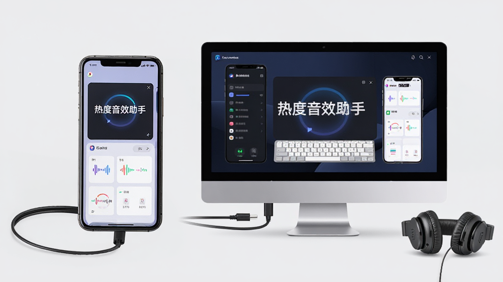 主体:一部手机和一台电脑并排,屏幕上显示“热度音效助手”正在运行,旁边有耳机。布局:左右分布,设备居中。排版:设备屏幕上有软件界面。风格:务实、清晰。细节:设备有连接线,背景为纯色。画质:高分辨率,干净,无多余元素。