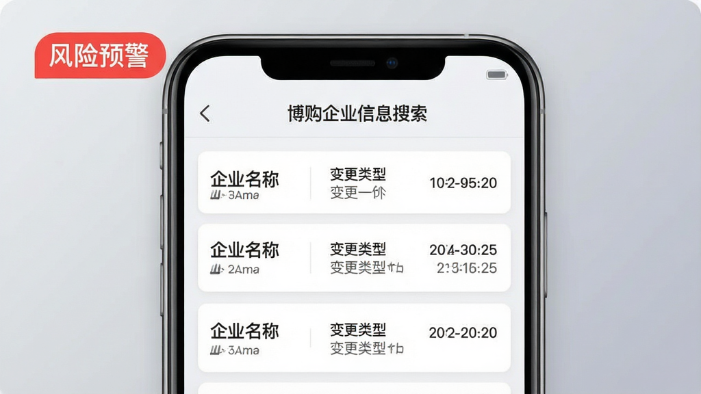 一张预警通知界面设计图,画面主体为手机端“博购企业信息搜索”的预警消息列表,顶部有“风险预警”红色标签,每条消息包含企业名称、变更类型和时间戳,背景为柔和的灰色渐变,整体风格清爽,排版规整,扁平化设计,细节丰富,画质干净