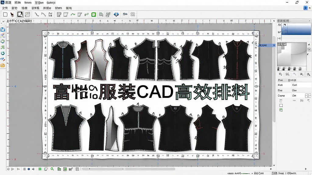 主体为富怡服装CAD排料界面,布局展示在矩形面料区域内多个衣片紧密排列的图案,排版规则且紧凑,风格为工业排版图,细节显示衣片轮廓与面料边界,画质干净,无多余元素,文字标注“富怡服装CAD高效排料”