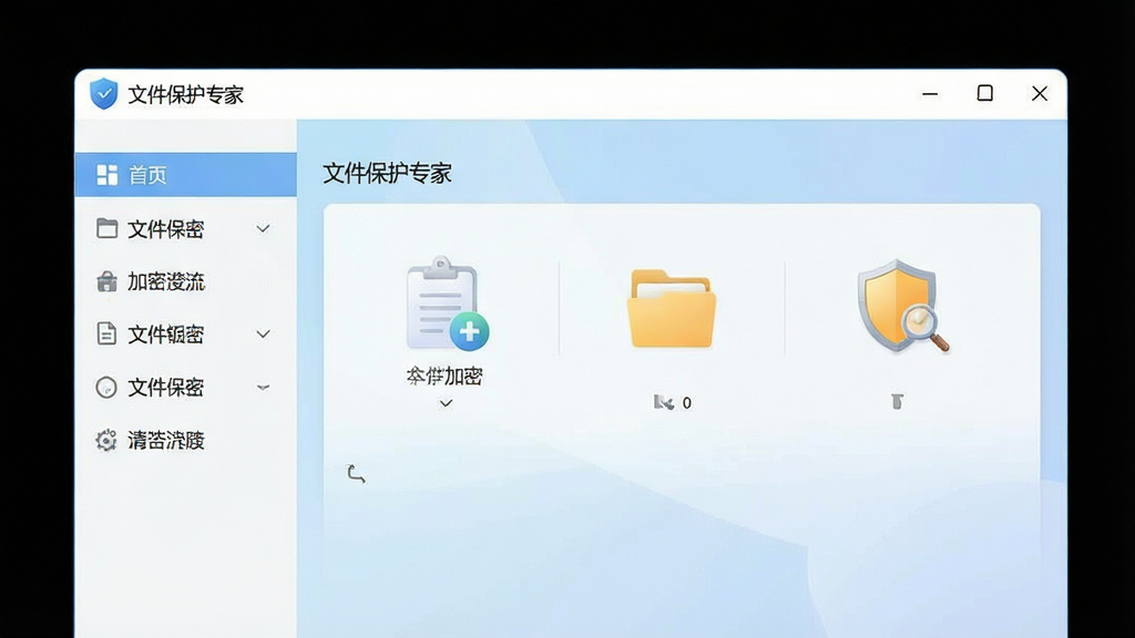一张展示文件保护专家软件主界面的高清截图,界面风格简洁现代,左侧为功能导航栏,右侧为文件加密操作区域,背景为浅蓝色渐变,整体布局清晰明了,画面干净无多余元素,文字标注为“文件保护专家”,画质清晰,细节丰富。