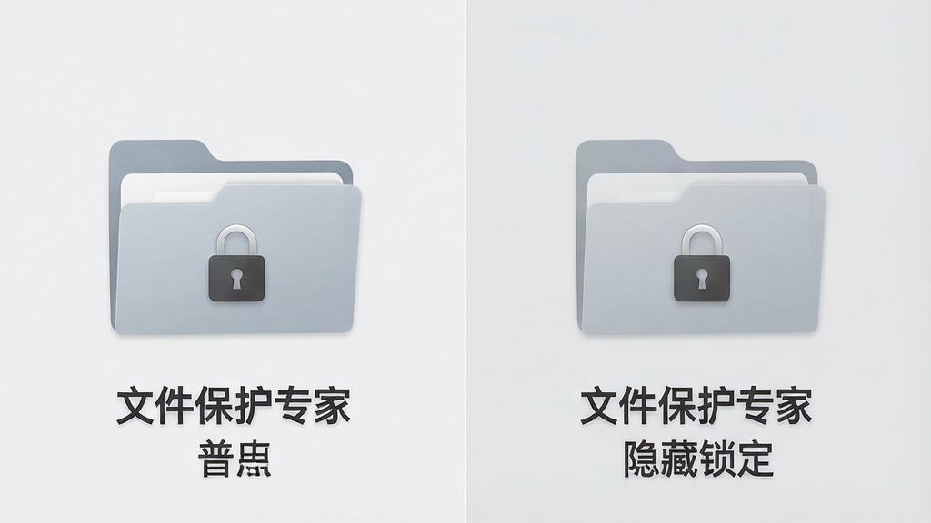 一张展示文件夹隐藏锁定效果的对比图,左侧为普通文件夹显示状态,右侧为经过文件保护专家隐藏后的状态,文件夹图标呈半透明并带有锁定标记,背景为清爽的浅灰色,画面左右分栏布局,风格简洁直观,文字标注“文件保护专家 隐藏锁定”,画质干净。