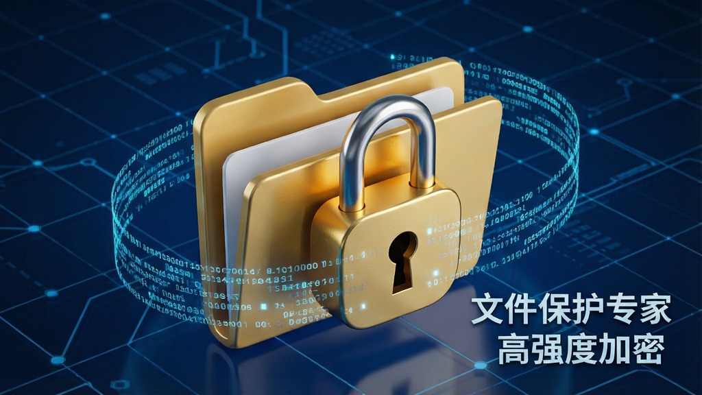 一张展示文件加密过程的示意图,画面中央是一个文件夹图标被一把金色锁头锁住,周围有数据流环绕,背景为科技感十足的深蓝色网格,锁头细节精致,光影效果真实,整体构图简洁有力,文字标识“文件保护专家 高强度加密”,画质高清,无多余元素。