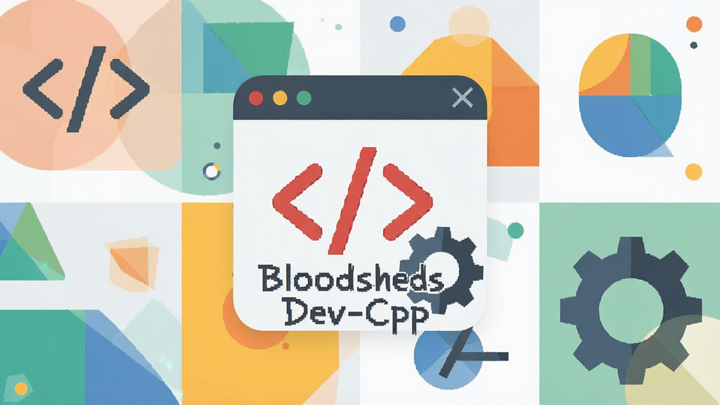 一幅扁平化插画风格图片,主体为“Bloodshed Dev-Cpp”的软件图标,背景由简洁的几何图形构成,布局居中,排版干净,风格现代,细节包括代码符号和齿轮元素,画质高清,干净无多余元素