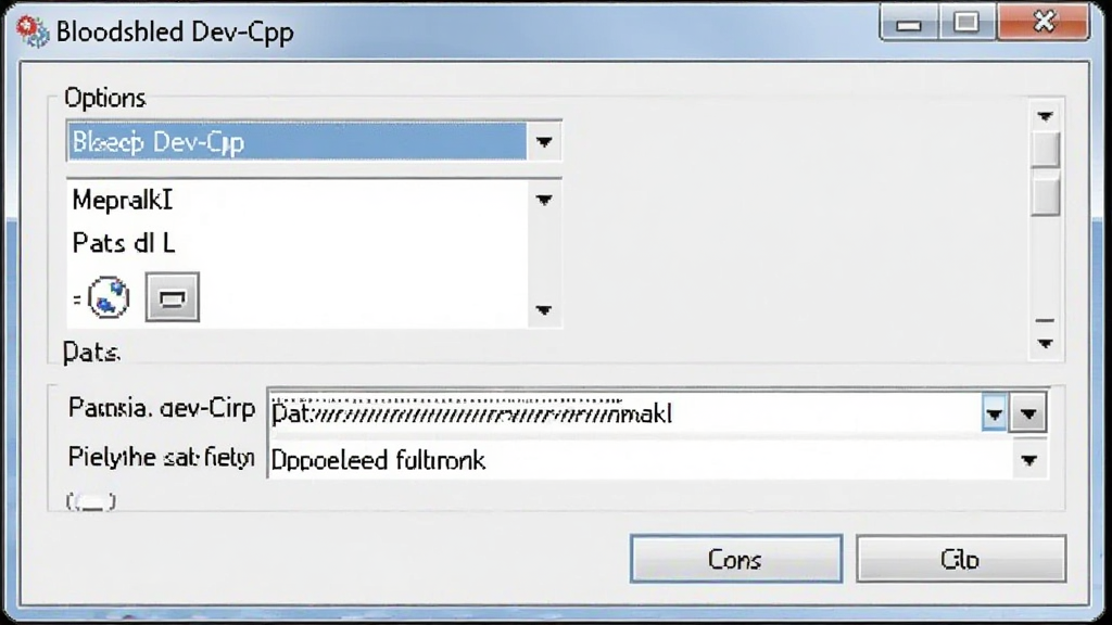 一张电脑屏幕截图风格图片,主体显示“Bloodshed Dev-Cpp”的编译器选项设置界面,布局为对话框形式,排版清晰,风格写实,细节包含下拉菜单和路径选择框,画质清晰,干净无多余元素