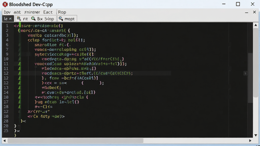展示“Bloodshed Dev-Cpp”的代码编辑界面,主体为彩色语法高亮的C++代码,布局为全屏编辑器,排版整齐,风格简洁,细节包括行号和缩进标记,画质清晰,干净无多余元素